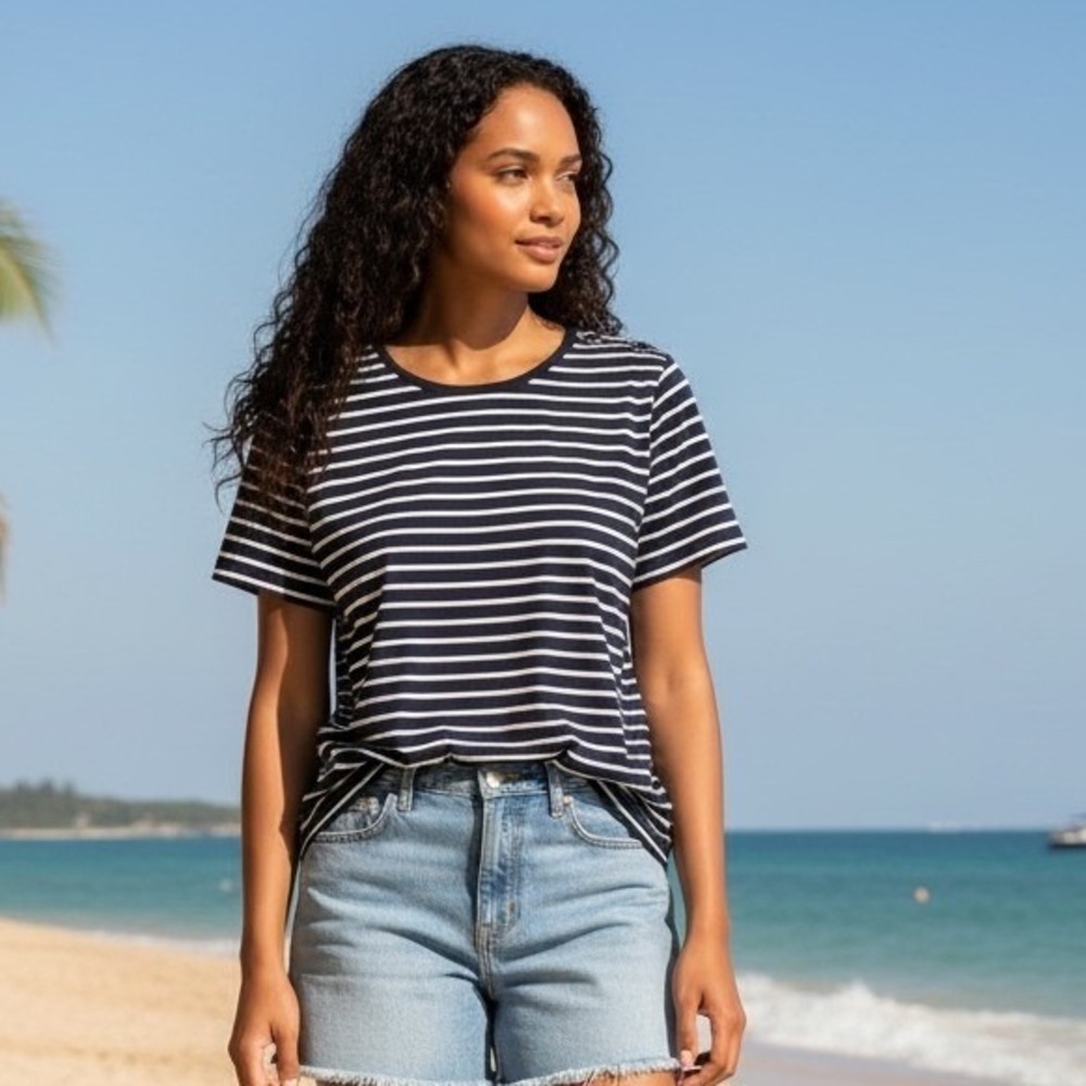 Nautica Womens Navy Blue White Striped Toggle Shoulder T-Shirt Large 5722RK
